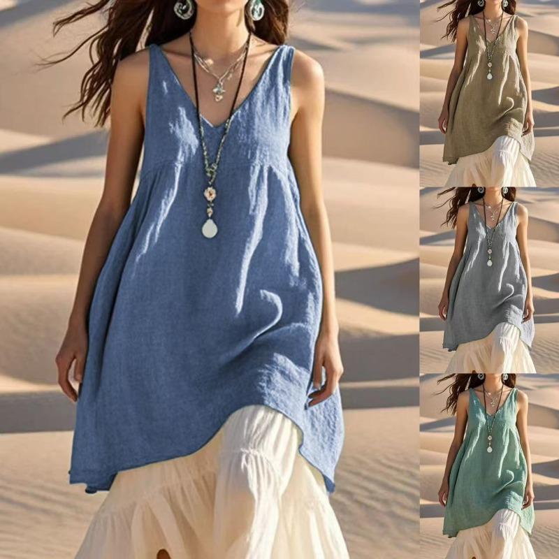 

Summer New Women s Casual Loose Solid Color Beach Dress S небо синє кольору