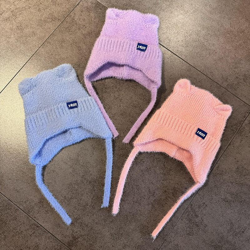 Candy Colored Sweet Cat Ear Shaped Women Warm Knitted Hat With Ear Protection