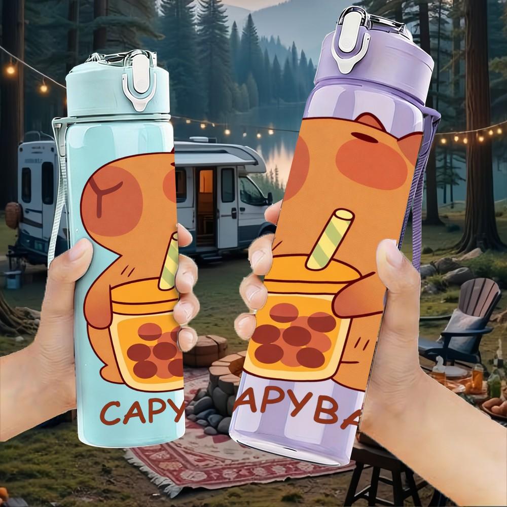 1PC Capybara Drink Beverage Cute Cartoon 750ml Color Plastic Sports Water Bottle Leakproof Flip Straw Lid Suitable for Sports Office Home Use