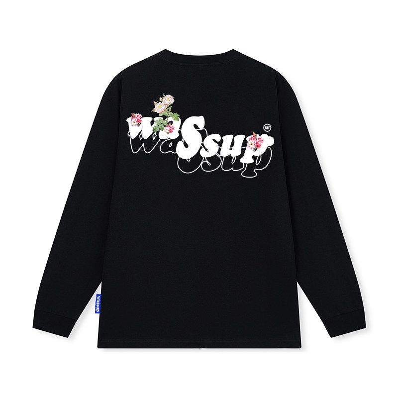Wassup Floral Letter Heavyweight Trendy Brand Long-Sleeve T-Shirt for Men, Spring and Autumn 2025 New Style Couple's Base Layer Round Neck Top