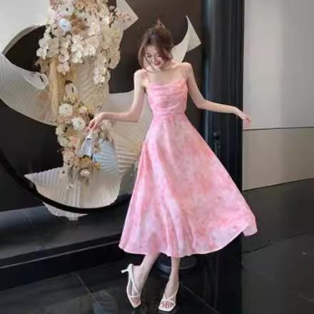 Temperament Sexy Backless Floral Suspender Skirt, New Summer Models for Women, Waist-closed Thin Chiffon Dress