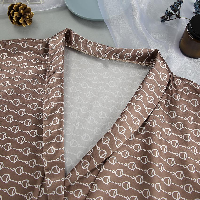 Autumn European Style Satin Print Pajamas Set Women's Loose Homewear Cardigan Robe Long Pants Cool Feel Nightwear For Casual Outing