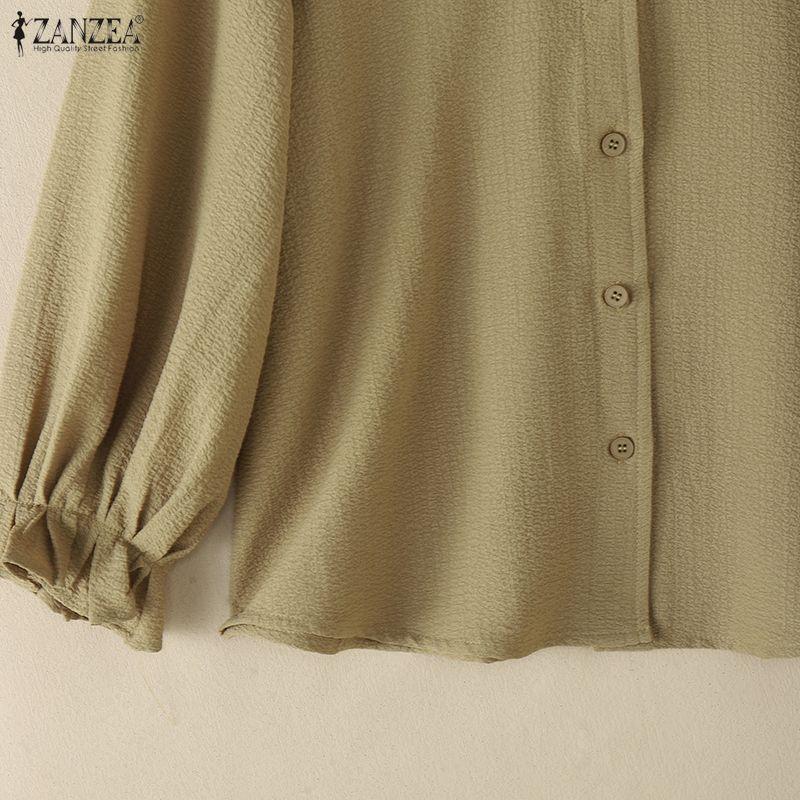 ZANZEA Women Casual Turn Down Collar Solid Color Loose 3/4 Sleeve Blouse
