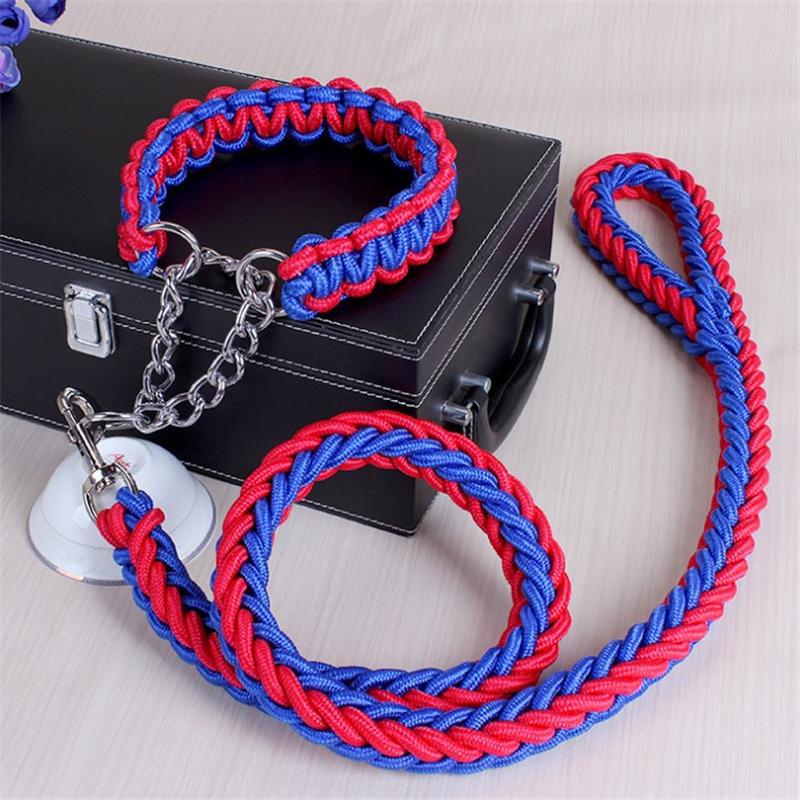 1.2M 17 Colors Length Double Strand Rope Large Dog Leashes Metal P Chain Buckle National Color Pet Traction Rope Collar Set A 14