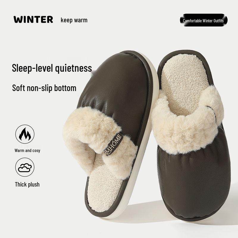 Women's & Men's PU Waterproof Cotton Slippers - Non-Slip, Silent Indoor Shoes for Autumn/Winter 2025