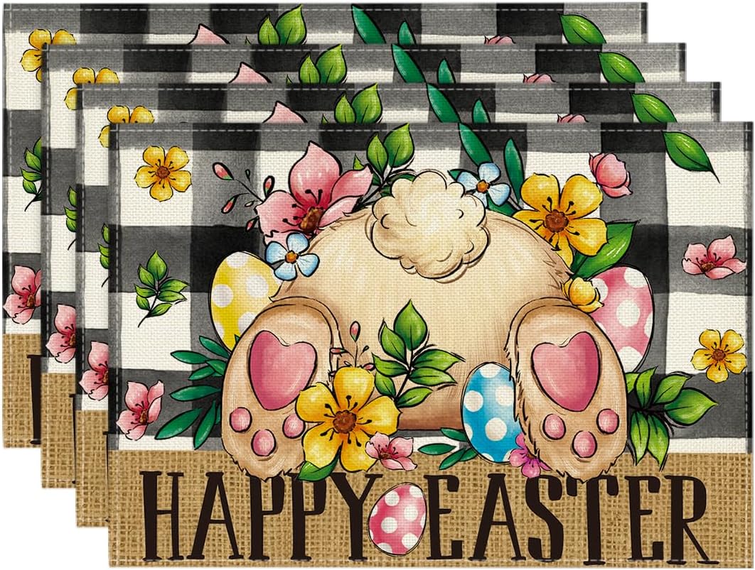 

Buffalo Plaid Bunny Egg Flowers Happy Easter Placemats Set of 4, 12x18 Inch Spring Seasonal Table Mats for Party Kitchen Dining Decoration 4pcs-12x18