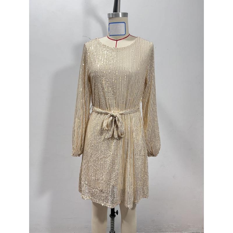 Women Sequins Round Neck Long Sleeve Casual Commute Bodycon Mini Dress