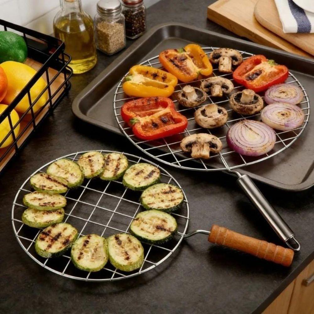 Portable Stainless Steel BBQ Grill Net Round Shape With Handle Cooking Rack Non Stick Multi Functional Wire Roaster Bbq Party