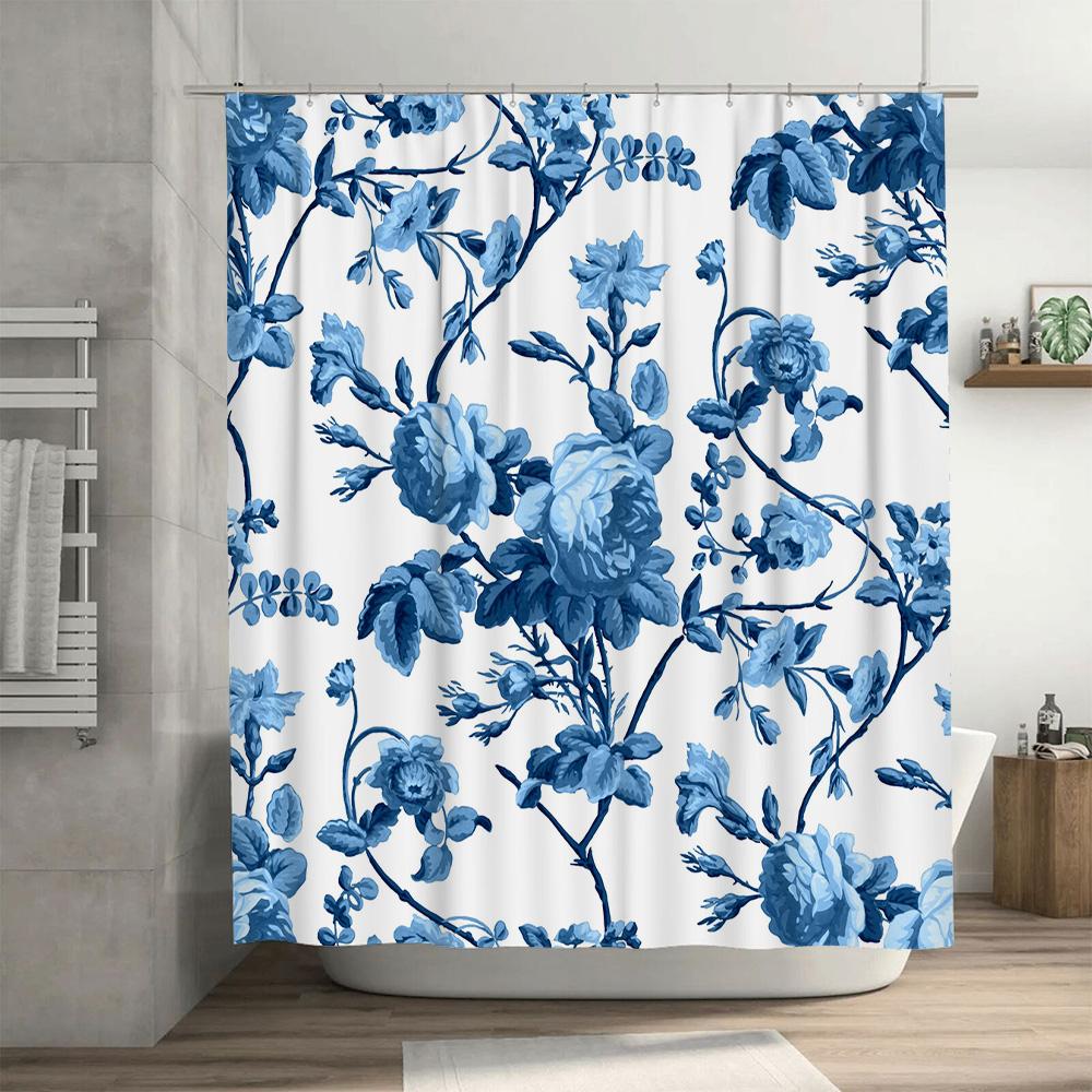 Blue Floral Shower Curtain Waterproof Bathroom Decor Large Size Luxury Bath Mat White Tub Liner Printed Modern Flower Design (La
