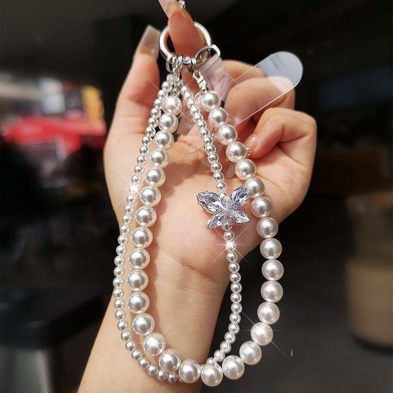 Pearl Phone Chain Fashion Wrist Crystal Pendant Jewelry Exquisite Handmade Beaded Double Chain Short Anti-Lost Handheld Chain