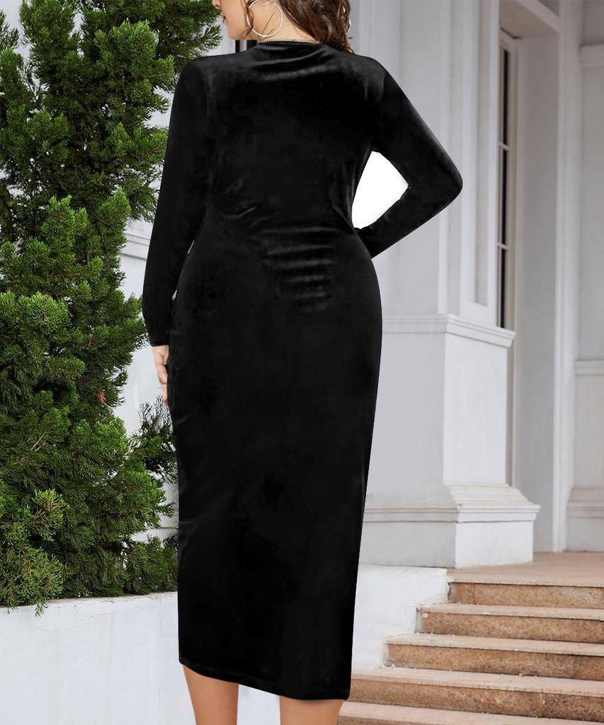 Plus Size Velvet Bodycon Dress - Long Sleeve, Pleated, Deep V Neck for Parties & Cocktails