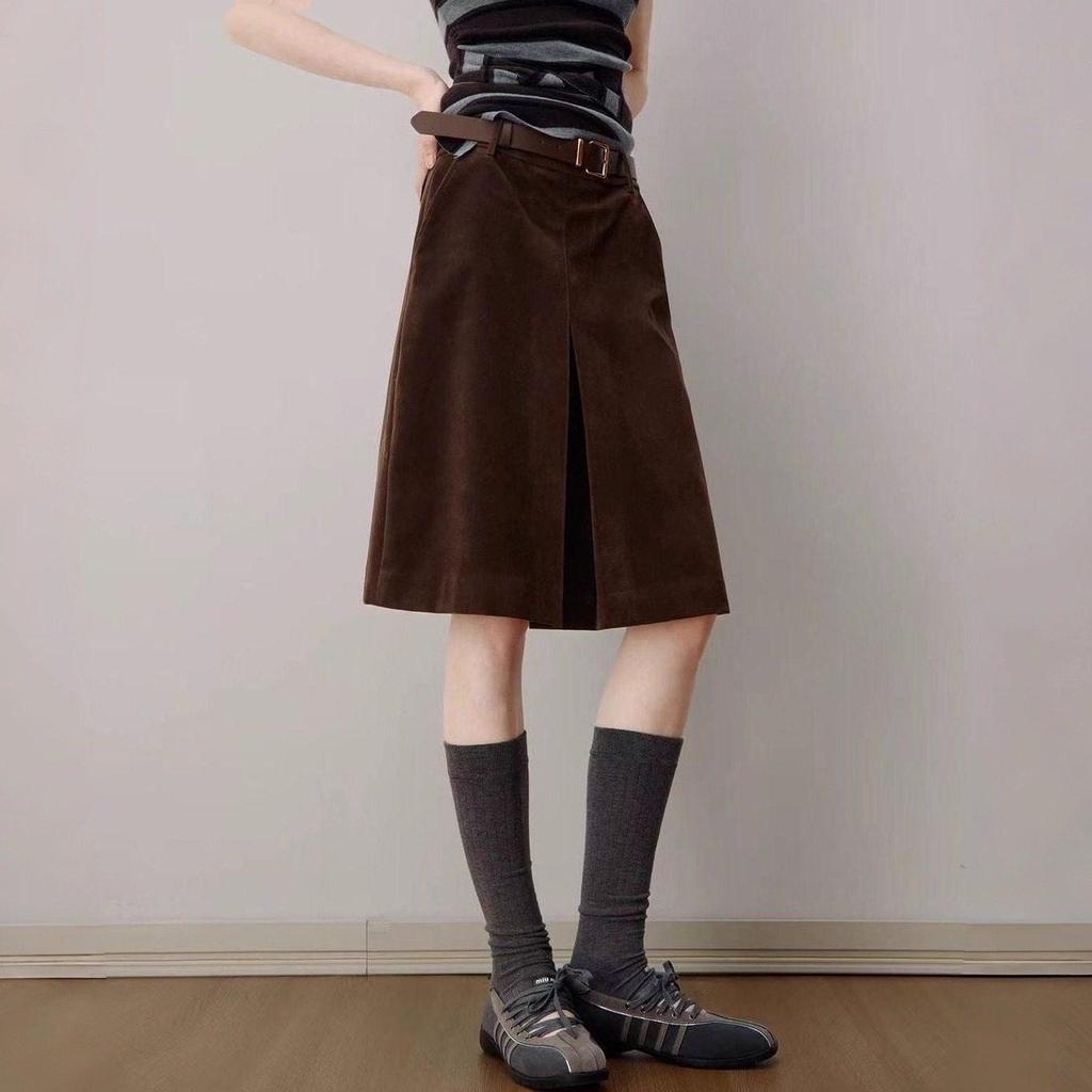 Maillard Style Women's Brown Faux-Slit Midi Skirt - 2025 Autumn/Winter Korean Girlish Chic