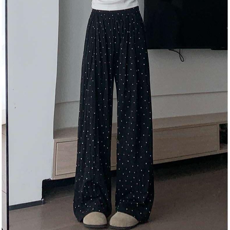 Blaue gepunktete Damen Sommerhose mit weitem Bein, dünn, lässig, aus Eisseide im Yamamoto-Stil