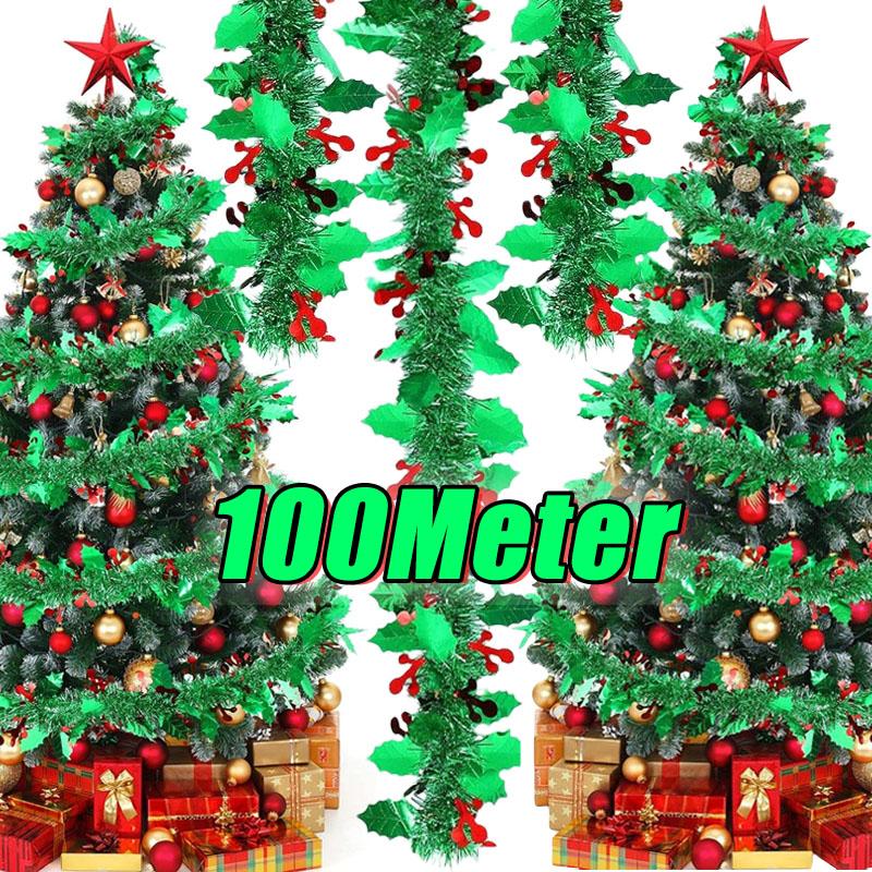 100M Christmas Green Ribbon with Red Berry Christmas Tree Garlands Hanging Colorful Ornaments Xmas Wedding New Year Decoration