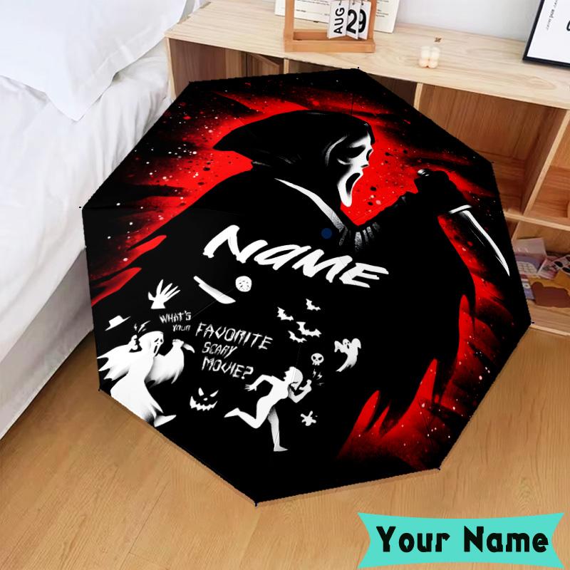 Custom Name Ghostface Horror Theme Umbrella, Foldable Umbrella Suitable for Outdoor Shopping Travel Sports, Exquisite Gift for Family