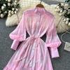 French Vintage Summer Autumn Stand Collar Long Lantern Sleeve Print Long Maxi Dress for Women