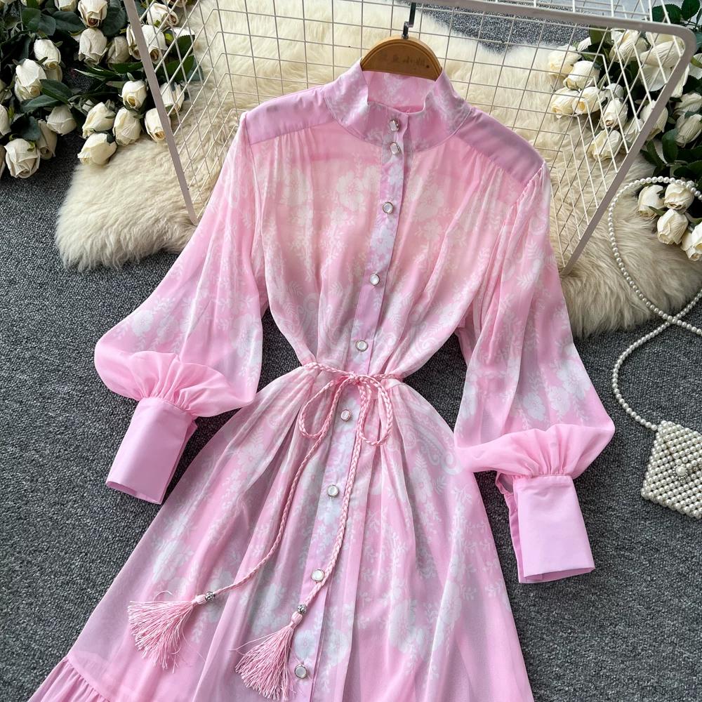 French Vintage Summer Autumn Stand Collar Long Lantern Sleeve Print Long Maxi Dress for Women