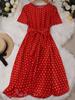 Women Retro Elegant Round Neck Short Sleeve Polka Dot Waist Tied Flared Midi Dress