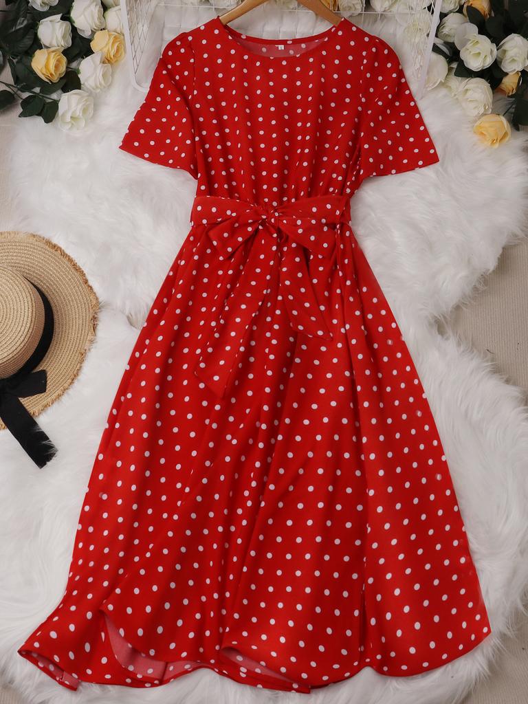 Women Retro Elegant Round Neck Short Sleeve Polka Dot Waist Tied Flared Midi Dress
