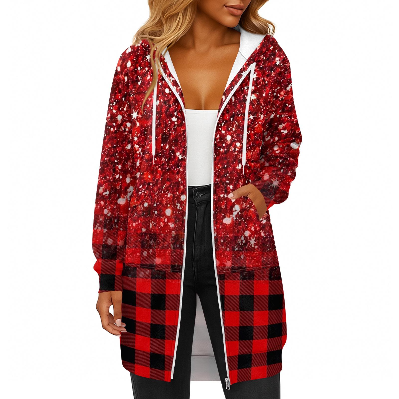 

Женская модная толстовка с длинными рукавами, принтом, капюшоном на кулиске, карманом на молнии, длинная, повседневная M красный