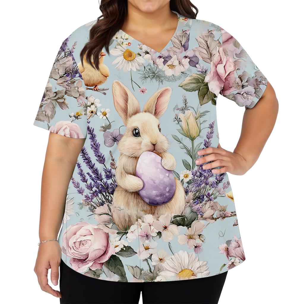 Women's Fashionable V-neck Short-sleeved Work Top With Double Side Slits And Pockets, Featuring Easter Bunny And Egg Prints.