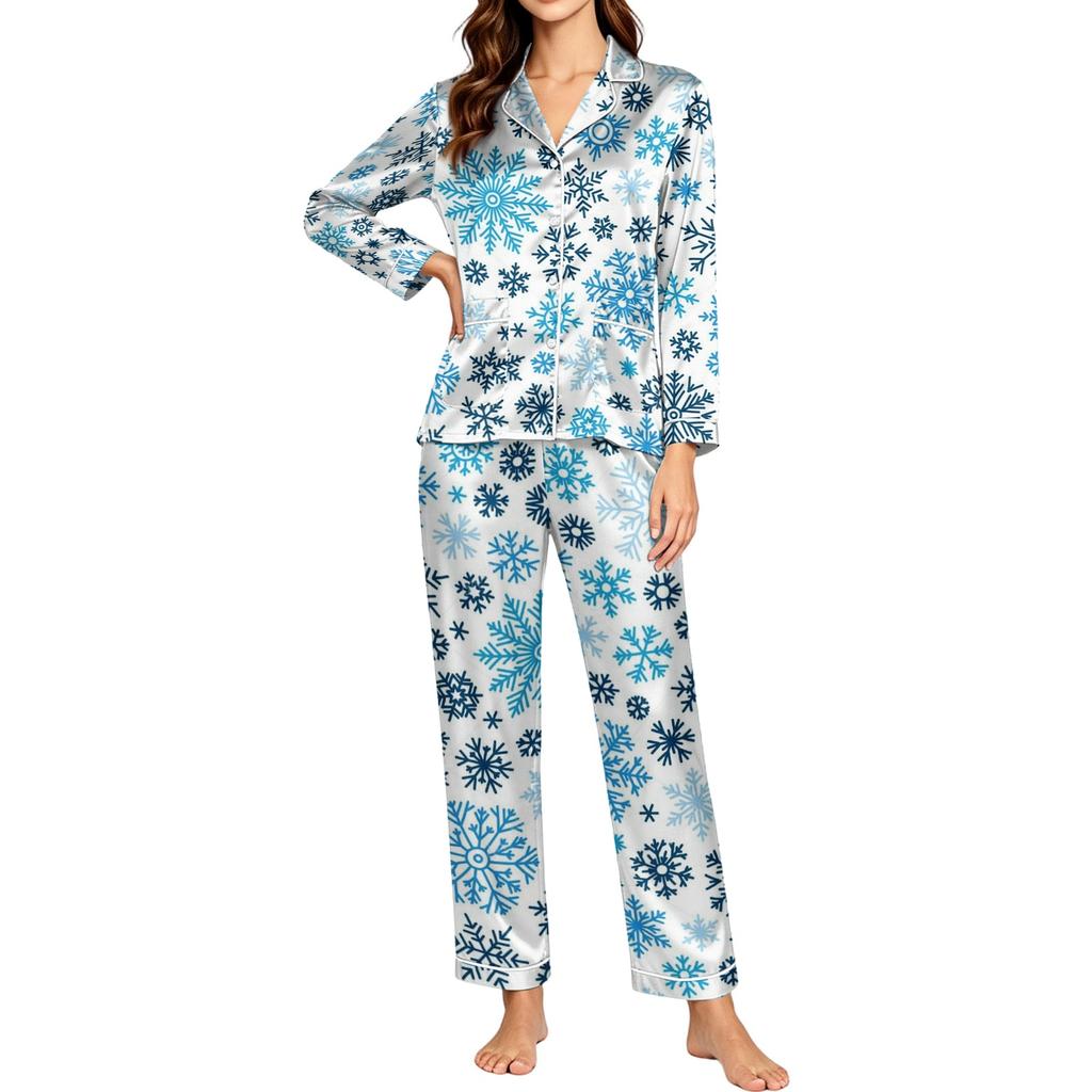 Women's Snowflake Print Long Sleeve Pajamas for Winter Sleepwear and Home Lounging