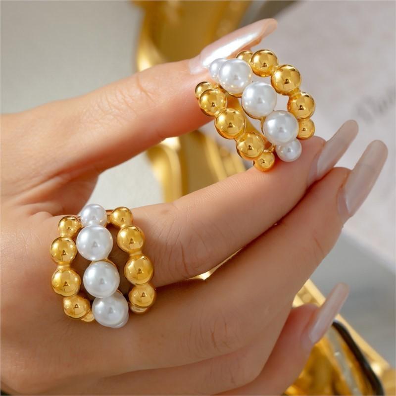 Elegant Inlaid Shell Beads Rings For Women Stainless Steel 18K Gold Plated Waterproof Women's Large Rings Luxury Woman Jewelry