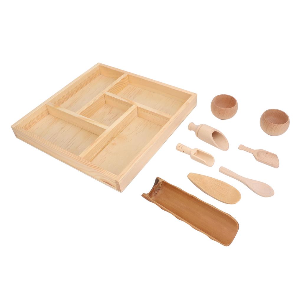 Montessori Sensory Bin Tools with Wooden Box for Toddlers Bowls Scoops Pretend Dish Toys for