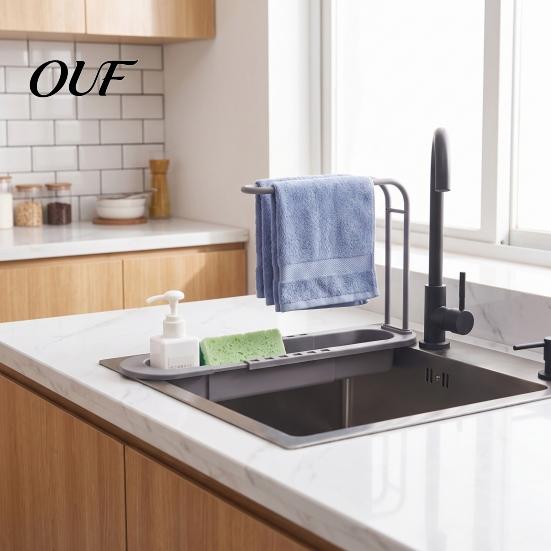 Retractable Sink Caddy Tray Kitchen Organizer with Towel Hanger, Adjustable Plastic Soap And Sponge Holder Holder, Large Capacity Countertop Drainage