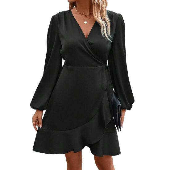 Women Mini Dress V-Neck Lantern Long Sleeve Side Lace-up Dress