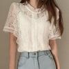 O-neck Short Sleeve Loose Summer Blouse Casual Lace Hollow Out Elegant Shirt Workwear