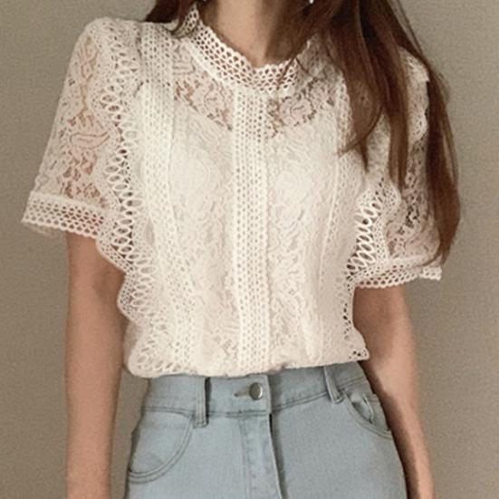 O-neck Short Sleeve Loose Summer Blouse Casual Lace Hollow Out Elegant Shirt Workwear