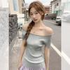 Korean High-end Temperament One-word Collar Showing Clavicle and Thin Knitted Short-sleeved Women's Summer Versatile Pure Desire T-shirt Top