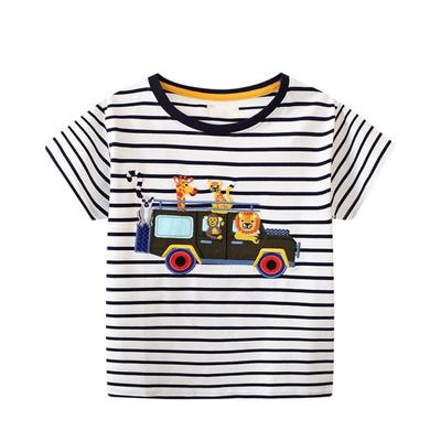 Saltando Metros 2-7T Llegada Rayas Verano Niños Niñas Camisetas Animales Coches Bordado Top Infantil Moda Ropa de Bebé