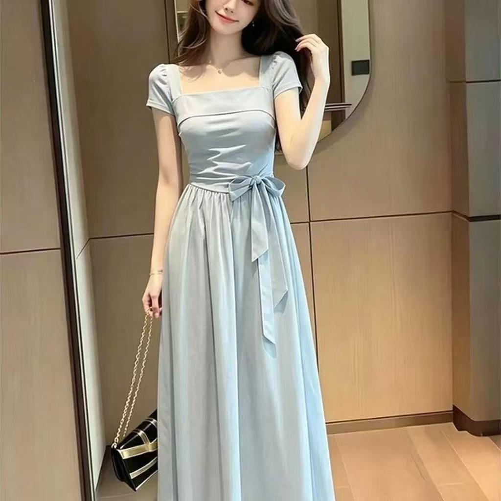 French Blue Square Neck Short-sleeved Dress, Women's Summer New Models, Popular This Year, Waist Pinch Dress