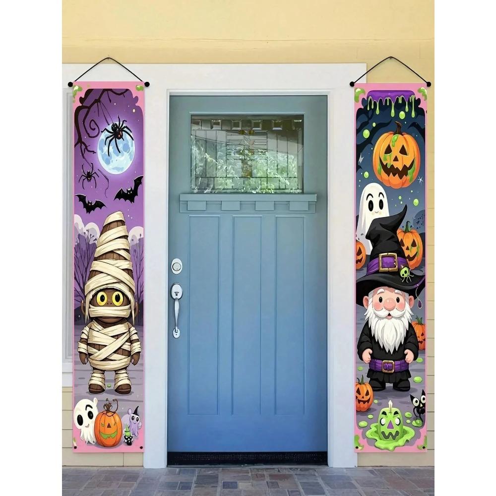 2pcs/Set Spooky Holiday Themed Porch Banner Cartoon Mummies Pumpkin Lanterns Ghosts Bats Spiders Plus Wizard Celebration Decorations