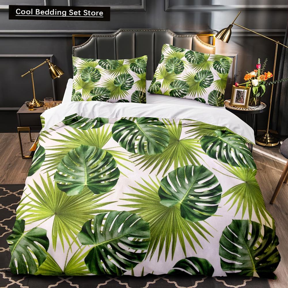 Tropical Plants Floral King Queen Duvet Cover Green Palm Leaves Bedding Set Cream-colored Flowers 2/3pcs Polyester Quilt Cover