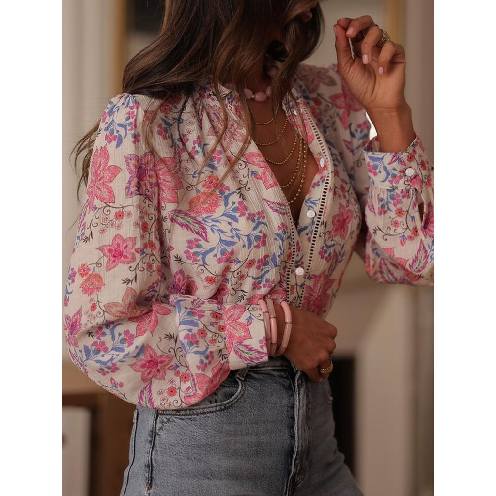 Nuova Blusa Camicia Elegante Stampata a Maniche Lunghe da Donna Top Casual per Europei Americani