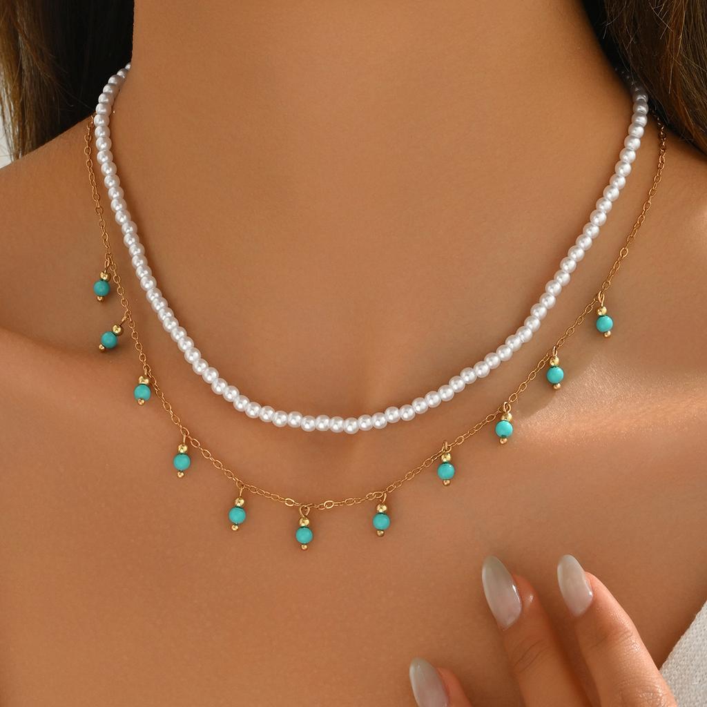 European and American elegant fashion imitation pearl turquoise water drop necklace casual versatile temperament collarbone necklace men and women