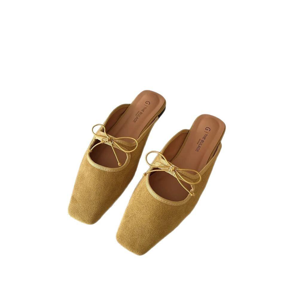 Flat Bow Mary Jane Sandals 2025 Spring/summer New Korean Version Soft Sole Velvet Toe Half Slippers for Women To Wear