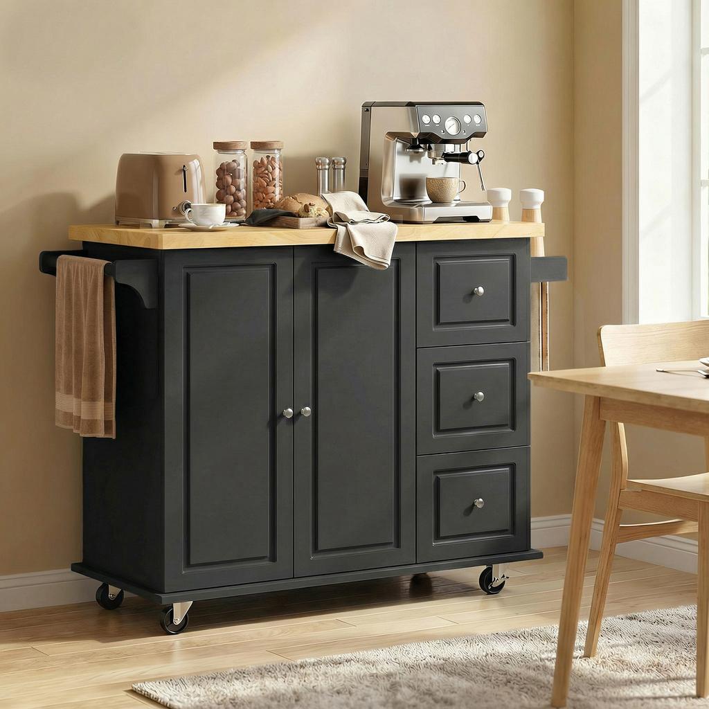Kitchen Island on Wheels, Rolling Kitchen Storage Trolley with Drop Leaf, Drawers, Towel and Spice Rack, Black
