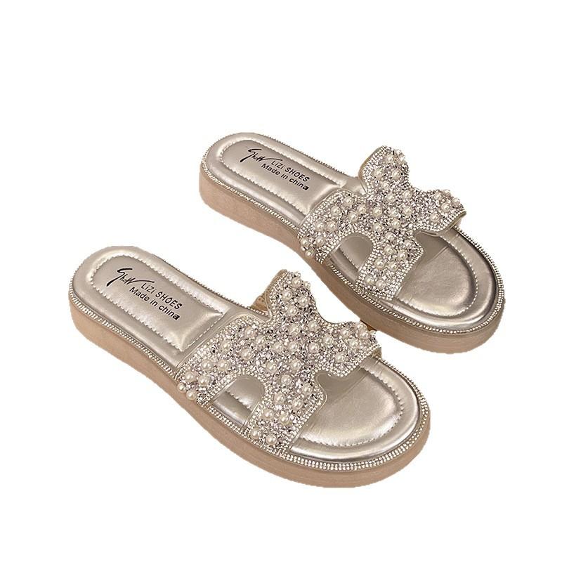 Beautiful French rhinestone cool slippers female 2025 new spring and summer outer wear fashionable versatile fairy style thick bottom one-word drag