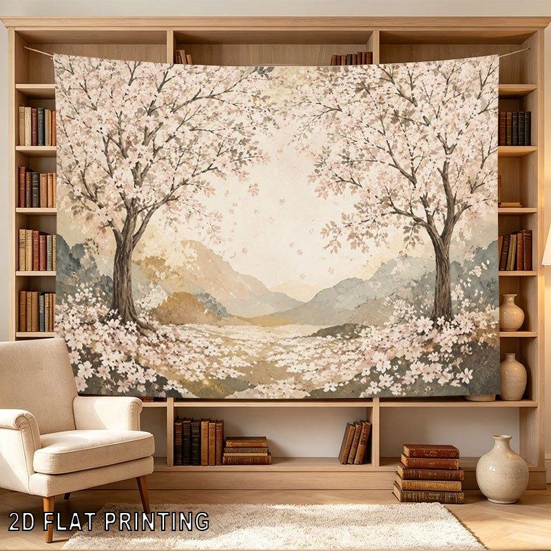 2D Flat, 1pc 2D Flat Tapestry Blossoms Bloom Abundantly in a Valley, with Gentle Spring Breeze Scattering Petals Along the Path, 2D Flat