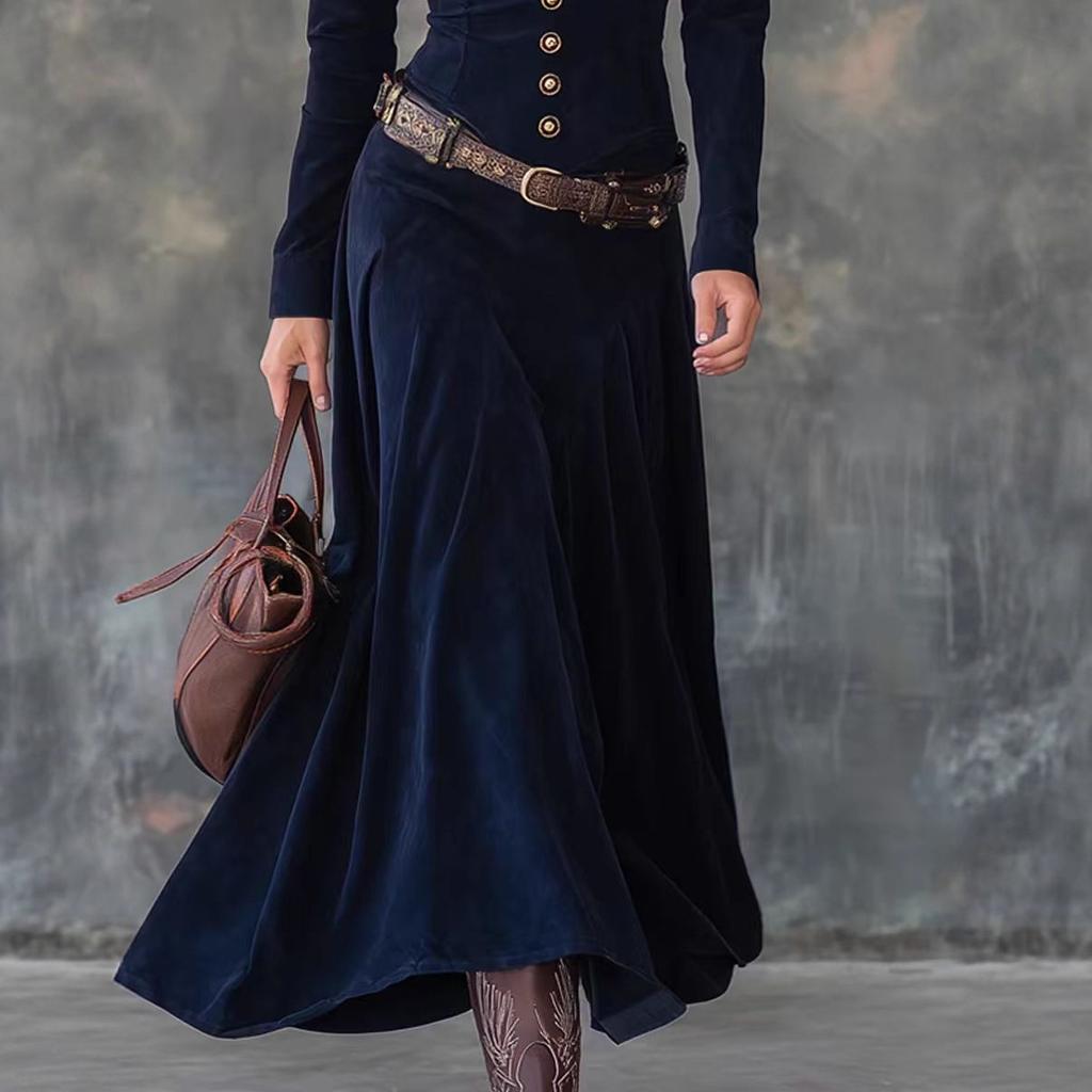 Spot 2026 New Independent Station Long-sleeved Literary Temperament V-neck Dress Women's Belt Included