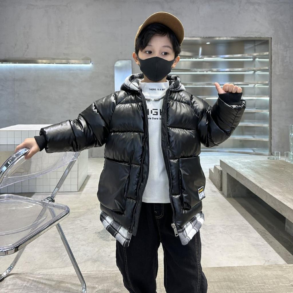 Boys Winter Thickened Section Down Cotton Jacket Middle and Big Children Hooded Warm Jacket