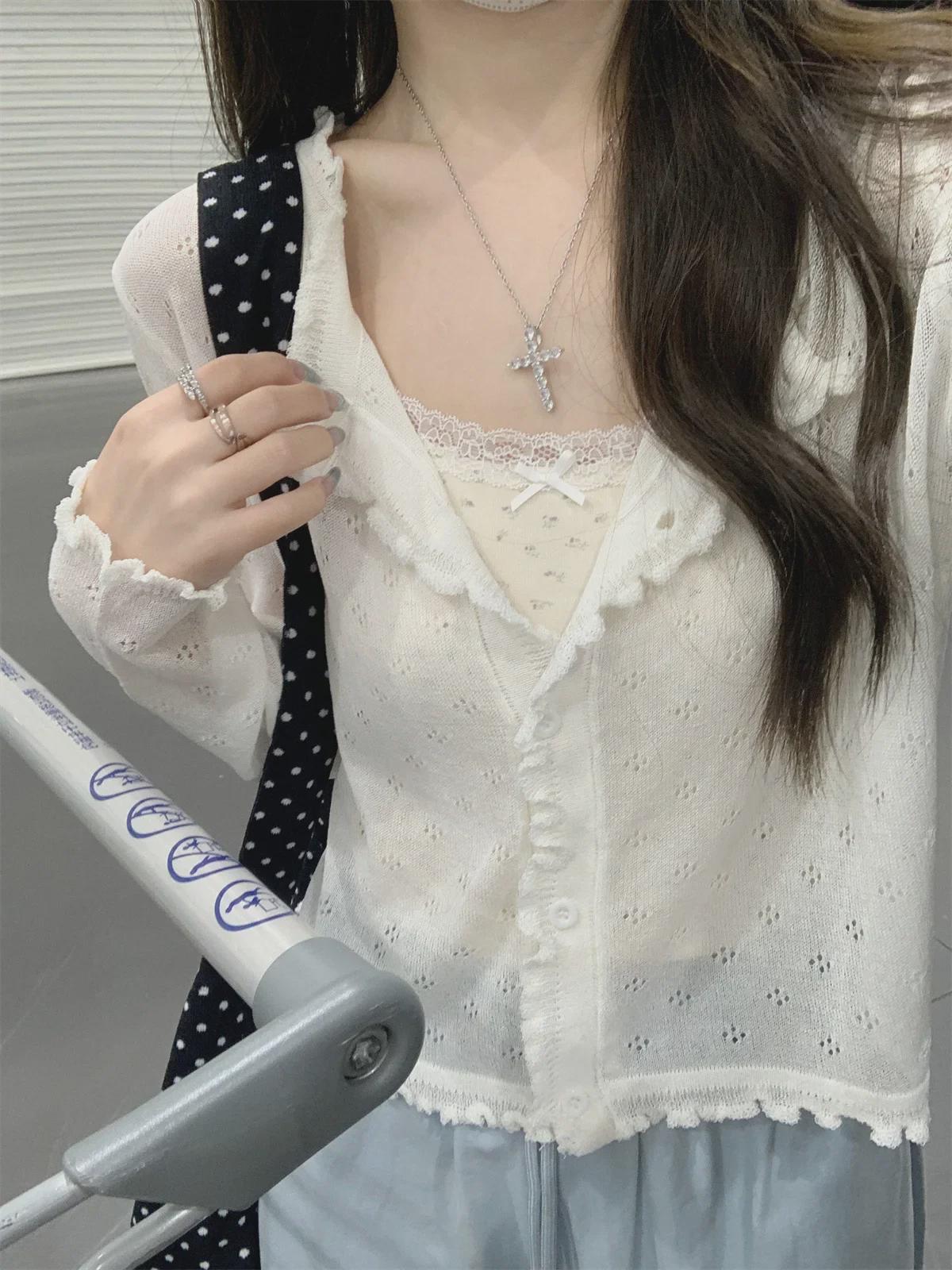 

Шикарный летний свитер корейской ажурной вязки 2025 года — женский свободный, короткий, с длинными рукавами кардиган One Size белый
