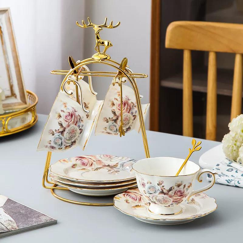 Vintage Floral Bone China Coffee Tea Set, Retro Rose Ceramic Teapot Cup Saucer, Elegant British Style Tableware for Afternoon Tea