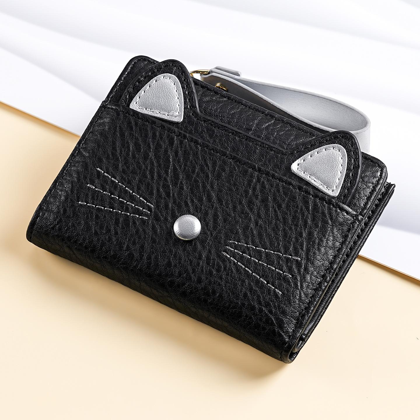 

Women Cat PU short zipper small wallet cartoon multi-slot fashionable wallet чёрный