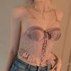 Spaghetti Strap Lace Up Vest Top Close-fitting Fishbone Vest Solid Color Sleeveless Crop Top  Bar