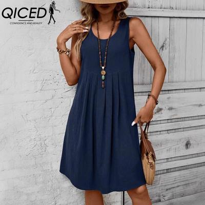 Women's Fashion Summer Spring Solid Color Print Sleeveless O-Neck High Waist Casual Dresses